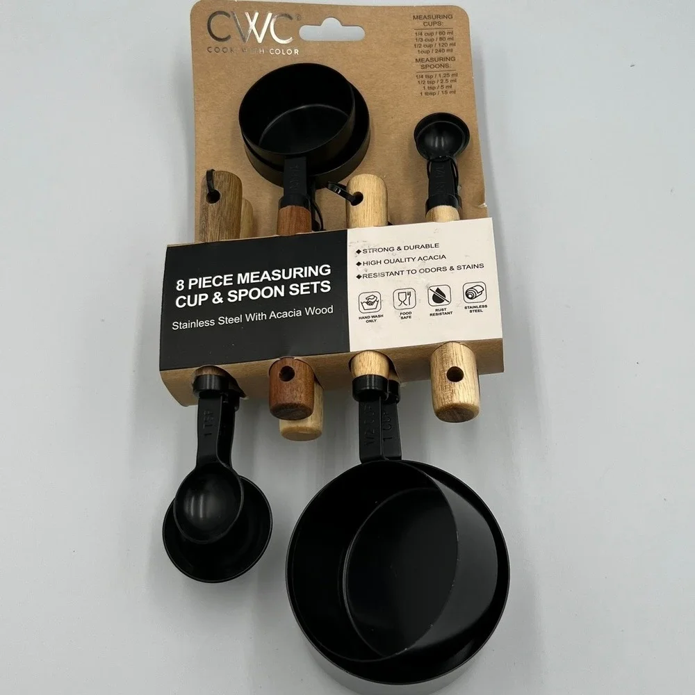 CWC Acacia Wood Measuring Cups Spoons Set 8pc Black SMS812 New